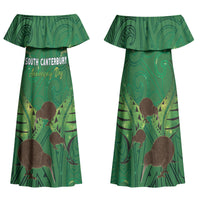 Personalised South Canterbury Anniversary Day Family Matching Off Shoulder Maxi Dress and Hawaiian Shirt Kiwi Kowhai Silver Fern Maori Pattern LT22 Mom's Dress Green - Polynesian Pride
