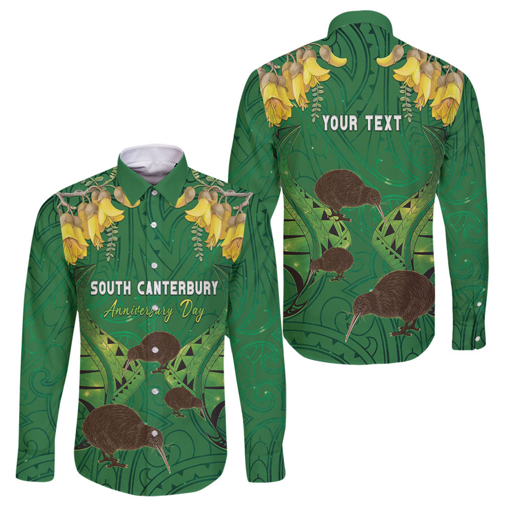 Personalised South Canterbury Anniversary Day Family Matching Off Shoulder Maxi Dress and Hawaiian Shirt Kiwi Kowhai Silver Fern Maori Pattern LT22 Dad's Shirt - Long Sleeve Green - Polynesian Pride