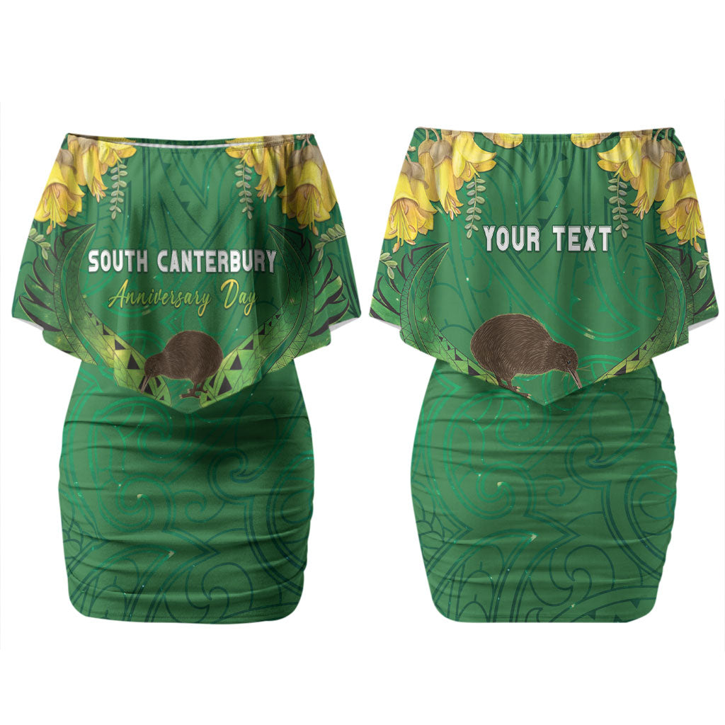 Personalised South Canterbury Anniversary Day Family Matching Off Shoulder Short Dress and Hawaiian Shirt Kiwi Kowhai Silver Fern Maori Pattern LT22 Mom's Dress Green - Polynesian Pride