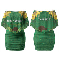 Personalised South Canterbury Anniversary Day Family Matching Off Shoulder Short Dress and Hawaiian Shirt Kiwi Kowhai Silver Fern Maori Pattern LT22 Mom's Dress Green - Polynesian Pride