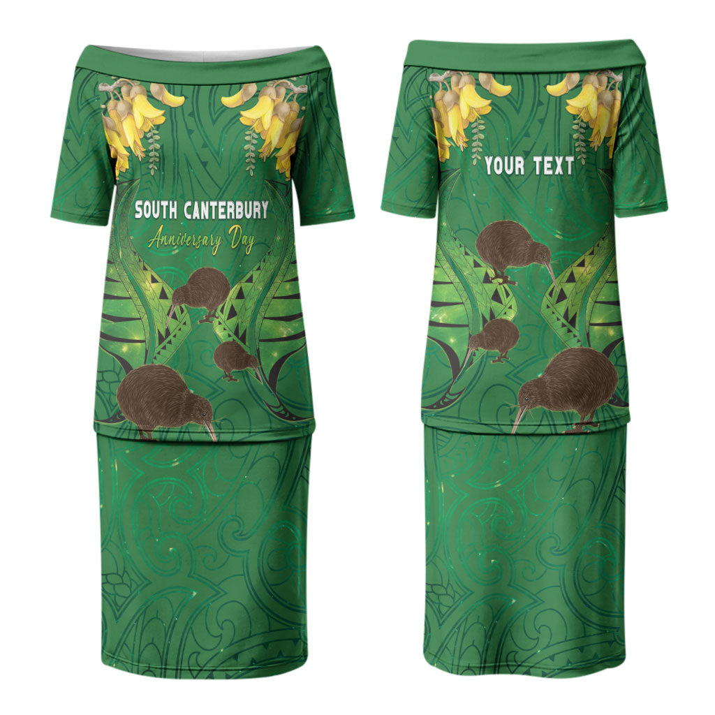 Personalised South Canterbury Anniversary Day Family Matching Puletasi and Hawaiian Shirt Kiwi Kowhai Silver Fern Maori Pattern LT22 Mom's Dress Green - Polynesian Pride