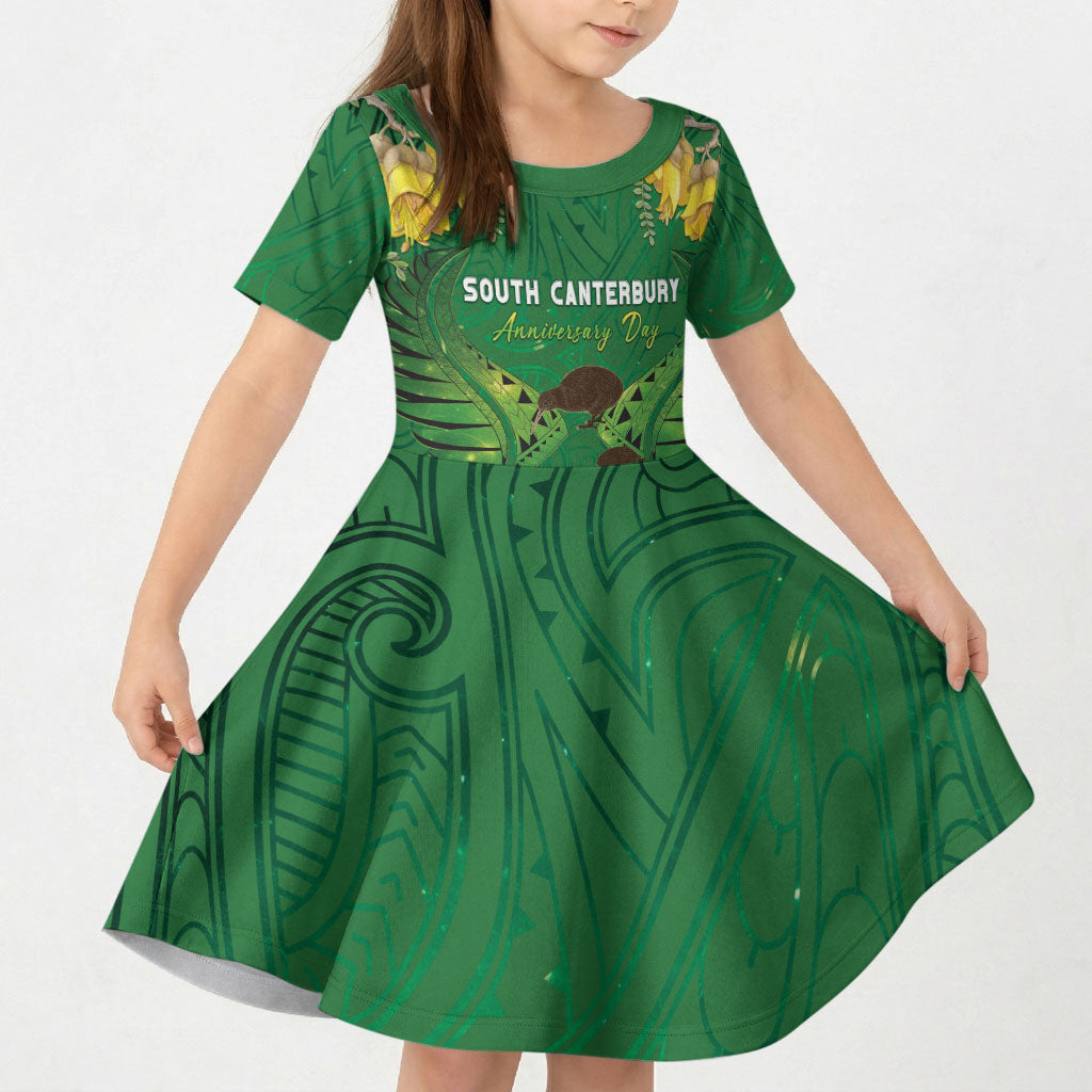 Personalised South Canterbury Anniversary Day Kid Short Sleeve Dress Kiwi Kowhai Silver Fern Maori Pattern