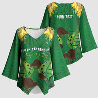 Personalised South Canterbury Anniversary Day Kimono Sleeve Blouse Kiwi Kowhai Silver Fern Maori Pattern LT22 - Polynesian Pride
