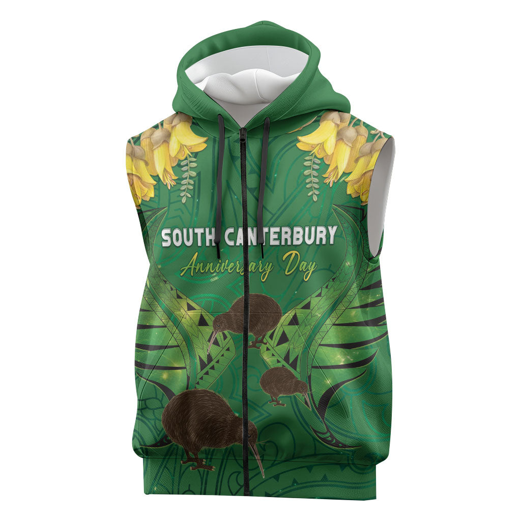 Personalised South Canterbury Anniversary Day Sleeveless Zip Hoodie Kiwi Kowhai Silver Fern Maori Pattern