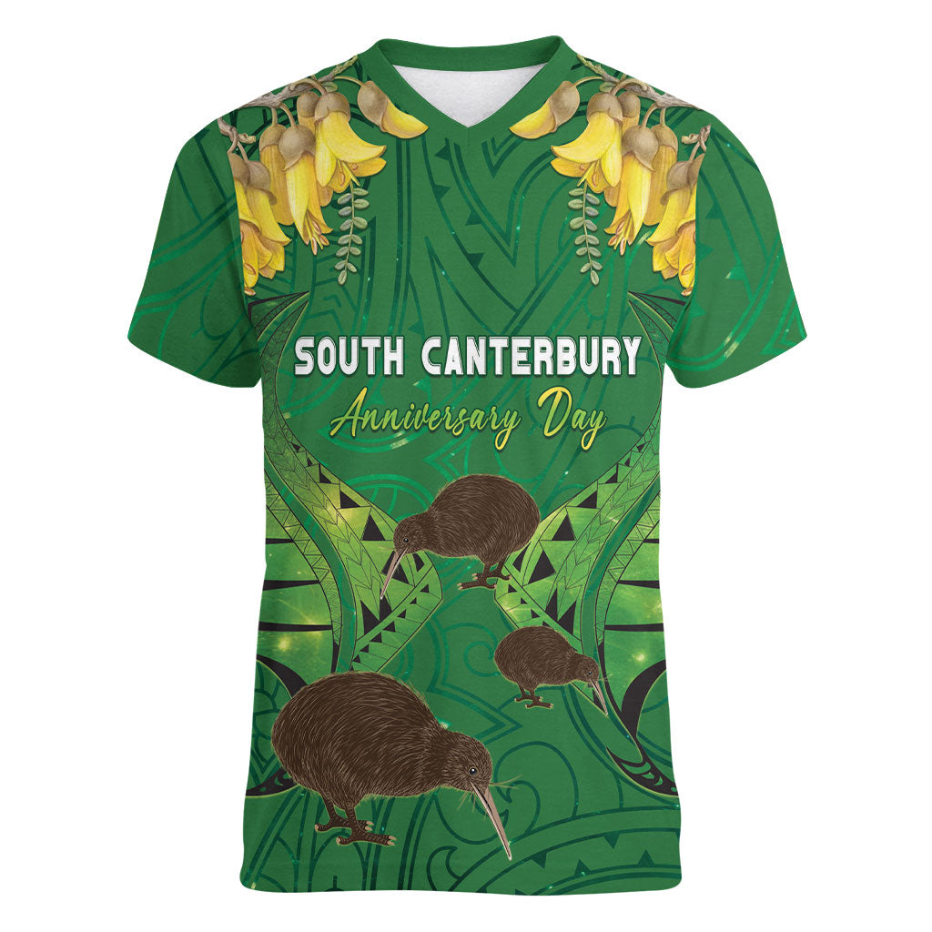 Personalised South Canterbury Anniversary Day Women V-Neck T-Shirt Kiwi Kowhai Silver Fern Maori Pattern
