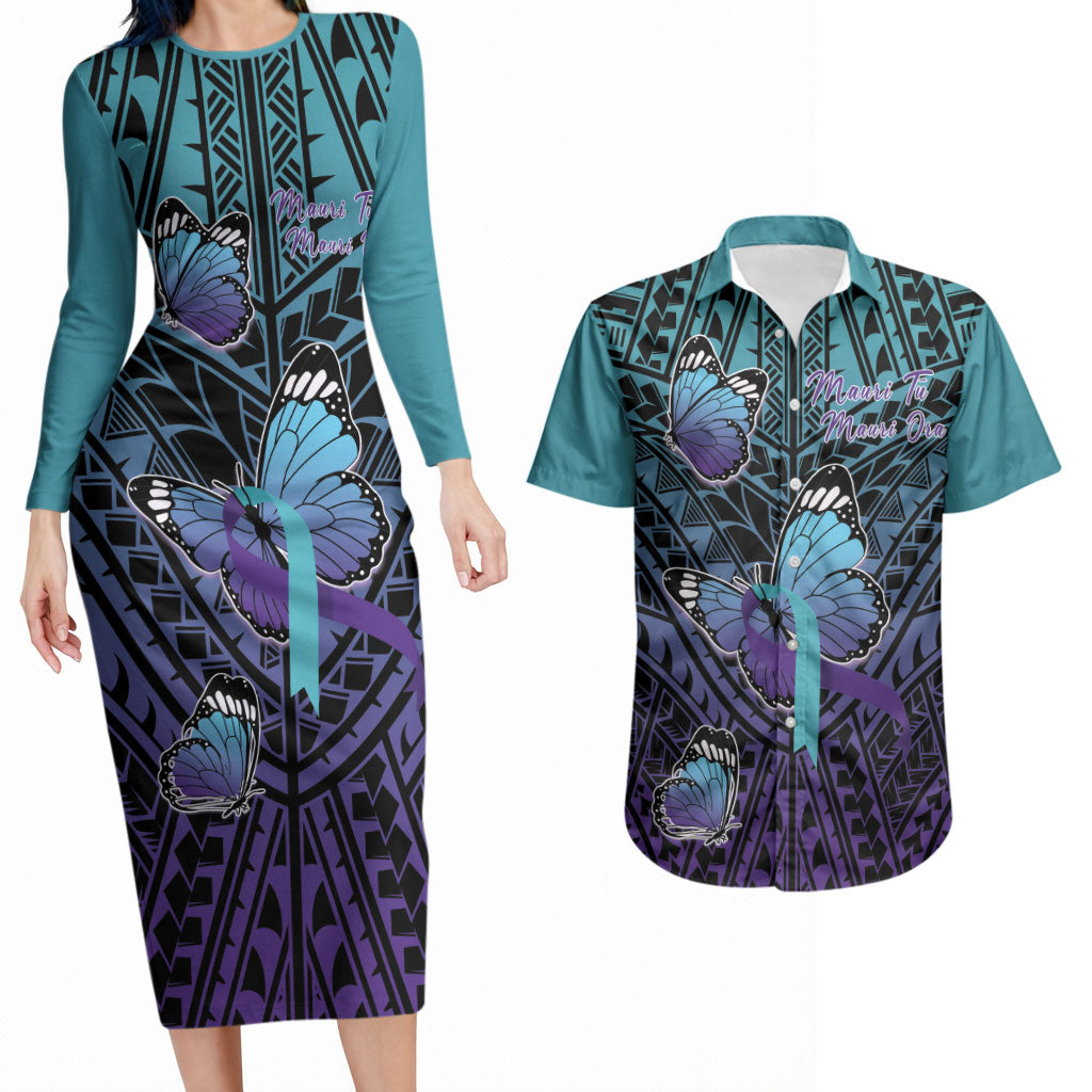 Personalised New Zealand Suicide Prevention Month Couples Matching Long Sleeve Bodycon Dress and Hawaiian Shirt Maori Mauri Tu Mauri Ora Polynesian Pattern