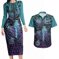 Personalised New Zealand Suicide Prevention Month Couples Matching Long Sleeve Bodycon Dress and Hawaiian Shirt Maori Mauri Tu Mauri Ora Polynesian Pattern LT22 Teal - Polynesian Pride