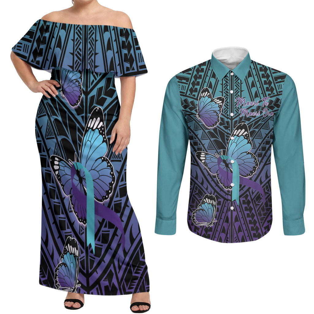 Personalised New Zealand Suicide Prevention Month Couples Matching Off Shoulder Maxi Dress and Long Sleeve Button Shirt Maori Mauri Tu Mauri Ora Polynesian Pattern