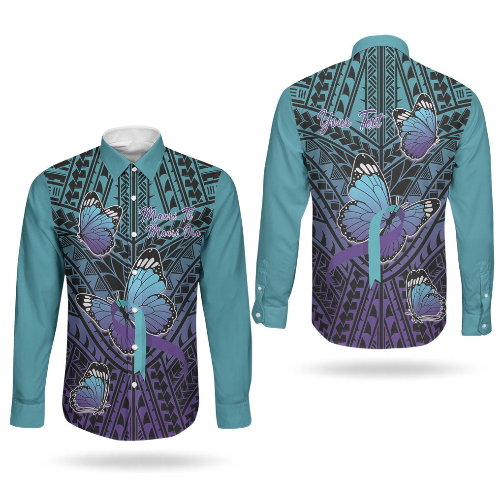 Personalised New Zealand Suicide Prevention Month Couples Matching Off Shoulder Maxi Dress and Long Sleeve Button Shirt Maori Mauri Tu Mauri Ora Polynesian Pattern