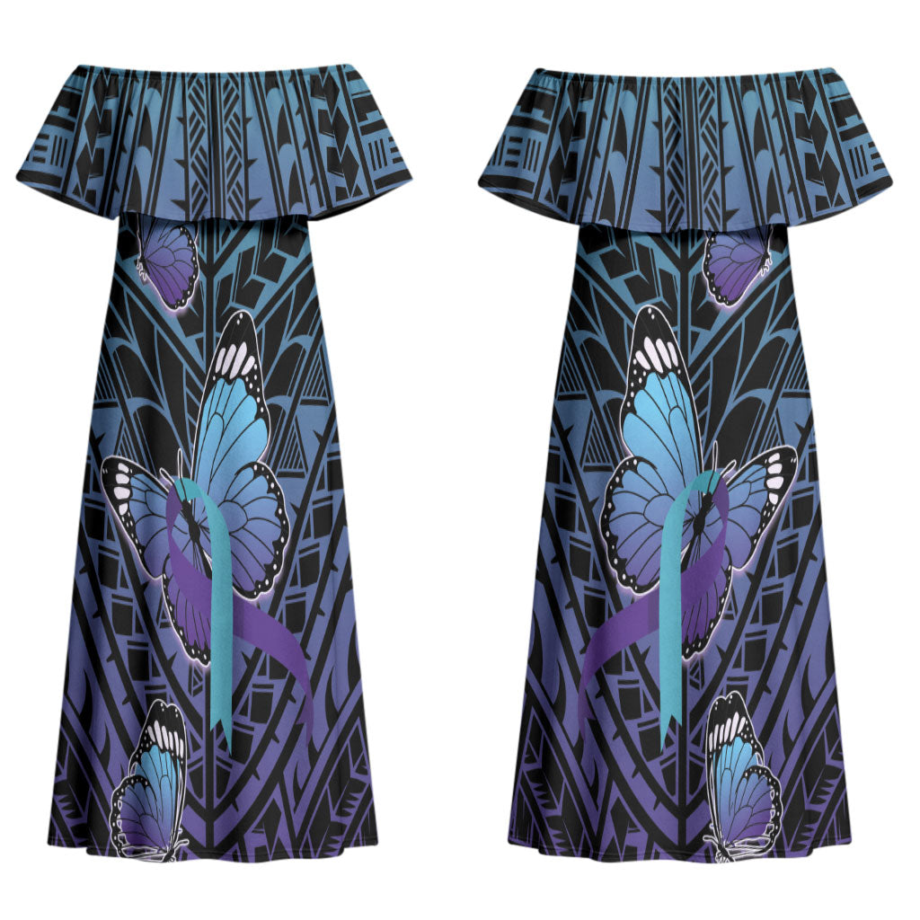 Personalised New Zealand Suicide Prevention Month Couples Matching Off Shoulder Maxi Dress and Long Sleeve Button Shirt Maori Mauri Tu Mauri Ora Polynesian Pattern