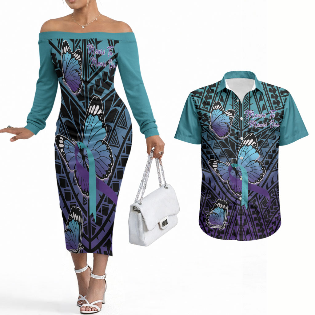 Personalised New Zealand Suicide Prevention Month Couples Matching Off The Shoulder Long Sleeve Dress and Hawaiian Shirt Maori Mauri Tu Mauri Ora Polynesian Pattern
