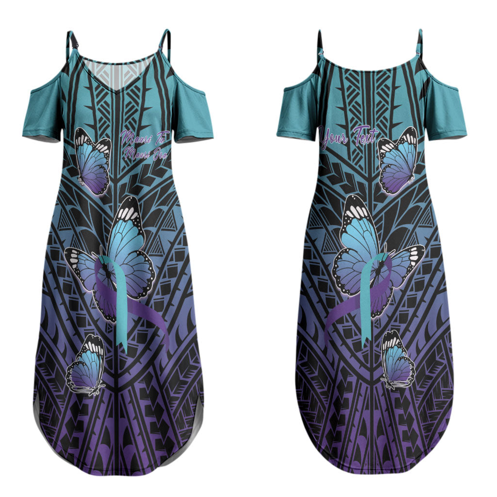 Personalised New Zealand Suicide Prevention Month Couples Matching Summer Maxi Dress and Long Sleeve Button Shirt Maori Mauri Tu Mauri Ora Polynesian Pattern