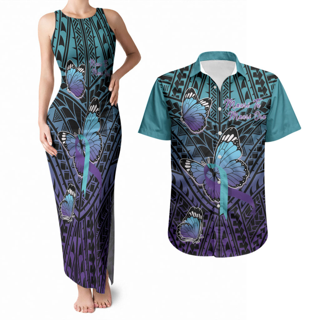 Personalised New Zealand Suicide Prevention Month Couples Matching Tank Maxi Dress and Hawaiian Shirt Maori Mauri Tu Mauri Ora Polynesian Pattern