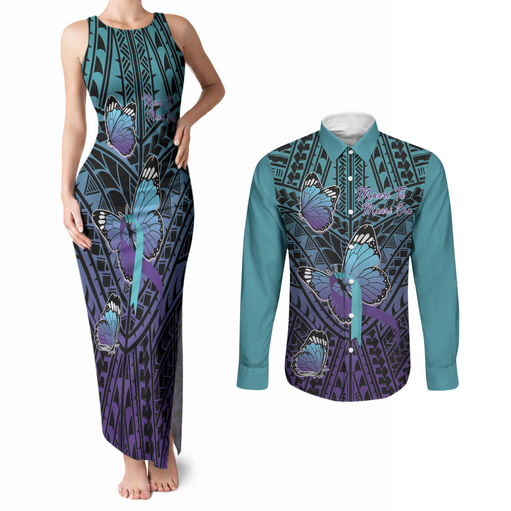 Personalised New Zealand Suicide Prevention Month Couples Matching Tank Maxi Dress and Long Sleeve Button Shirt Maori Mauri Tu Mauri Ora Polynesian Pattern