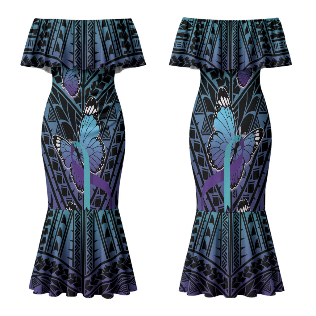 Personalised New Zealand Suicide Prevention Month Family Matching Mermaid Dress and Hawaiian Shirt Maori Mauri Tu Mauri Ora Polynesian Pattern LT22 Mom's Dress Teal - Polynesian Pride
