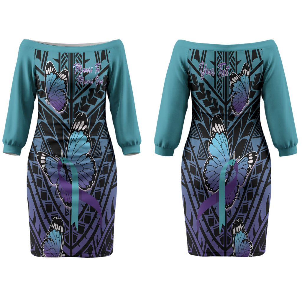 Personalised New Zealand Suicide Prevention Month Family Matching Off The Shoulder Long Sleeve Dress and Hawaiian Shirt Maori Mauri Tu Mauri Ora Polynesian Pattern LT22 Mom's Dress Teal - Polynesian Pride