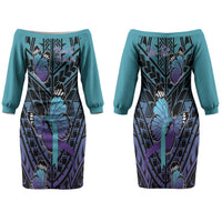 Personalised New Zealand Suicide Prevention Month Family Matching Off The Shoulder Long Sleeve Dress and Hawaiian Shirt Maori Mauri Tu Mauri Ora Polynesian Pattern LT22 Mom's Dress Teal - Polynesian Pride
