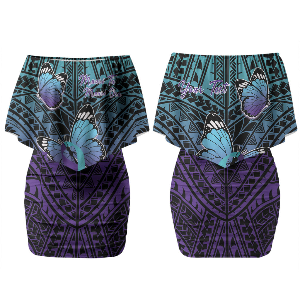 Personalised New Zealand Suicide Prevention Month Family Matching Off Shoulder Short Dress and Hawaiian Shirt Maori Mauri Tu Mauri Ora Polynesian Pattern LT22 Mom's Dress Teal - Polynesian Pride