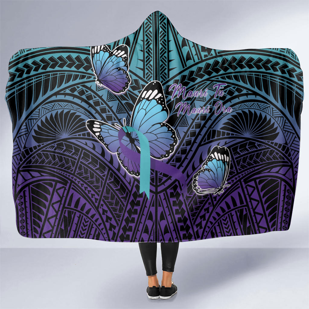 New Zealand Suicide Prevention Month Hooded Blanket Maori Mauri Tu Mauri Ora Polynesian Pattern