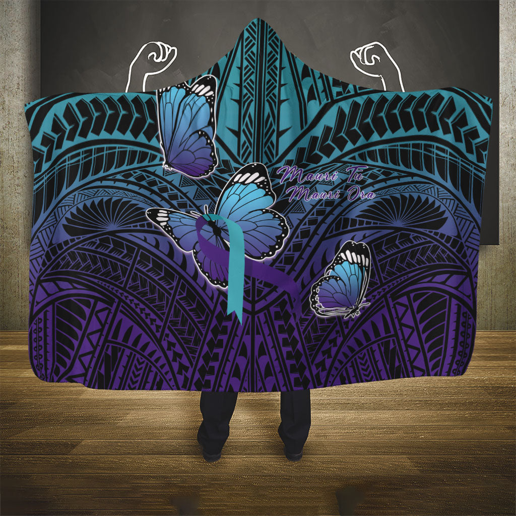 New Zealand Suicide Prevention Month Hooded Blanket Maori Mauri Tu Mauri Ora Polynesian Pattern