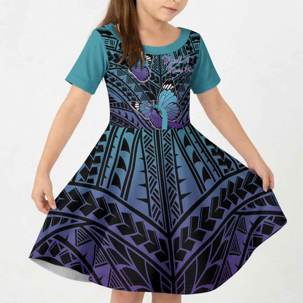 Personalised New Zealand Suicide Prevention Month Kid Short Sleeve Dress Maori Mauri Tu Mauri Ora Polynesian Pattern