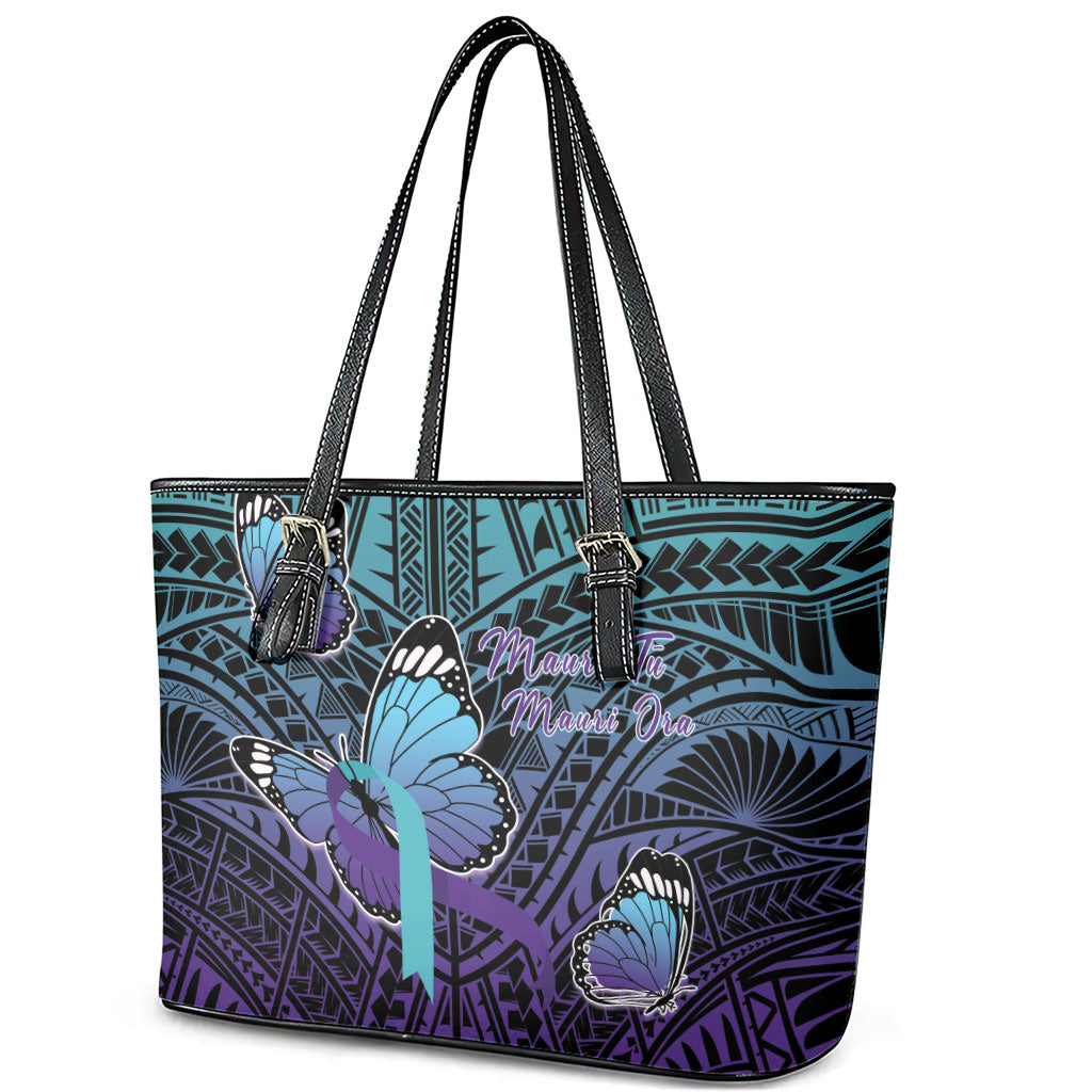 New Zealand Suicide Prevention Month Leather Tote Bag Maori Mauri Tu Mauri Ora Polynesian Pattern