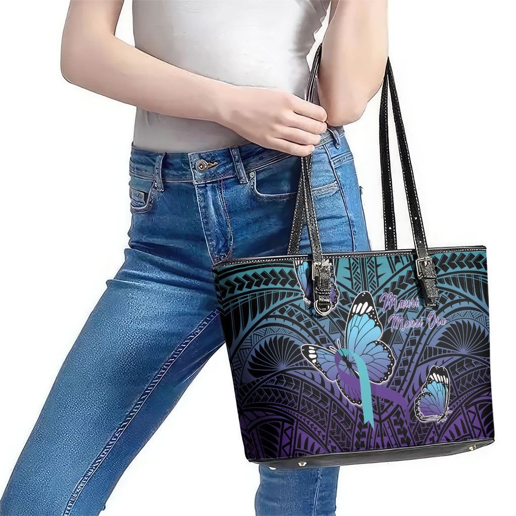 New Zealand Suicide Prevention Month Leather Tote Bag Maori Mauri Tu Mauri Ora Polynesian Pattern