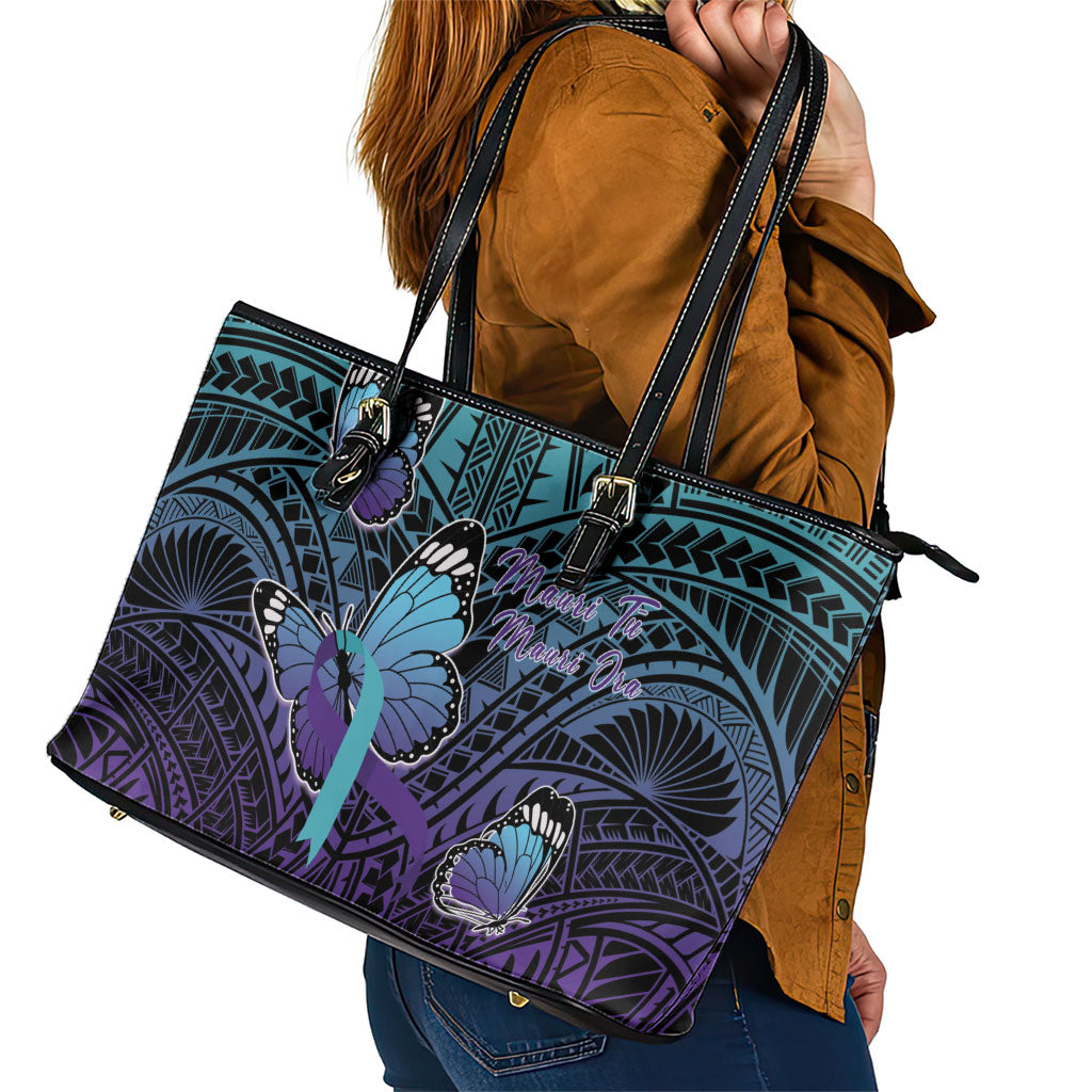 New Zealand Suicide Prevention Month Leather Tote Bag Maori Mauri Tu Mauri Ora Polynesian Pattern