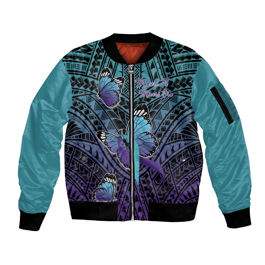 Personalised New Zealand Suicide Prevention Month Sleeve Zip Bomber Jacket Maori Mauri Tu Mauri Ora Polynesian Pattern
