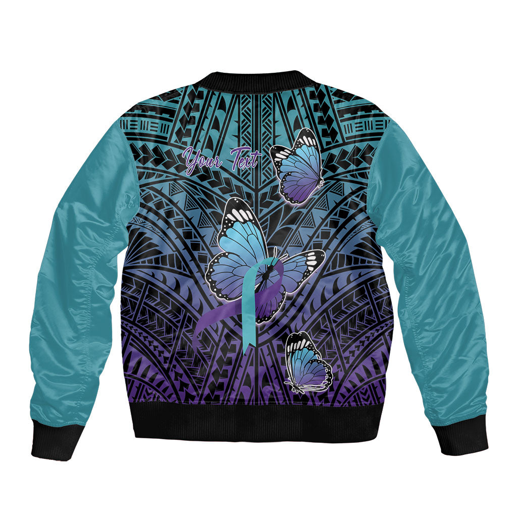 Personalised New Zealand Suicide Prevention Month Sleeve Zip Bomber Jacket Maori Mauri Tu Mauri Ora Polynesian Pattern