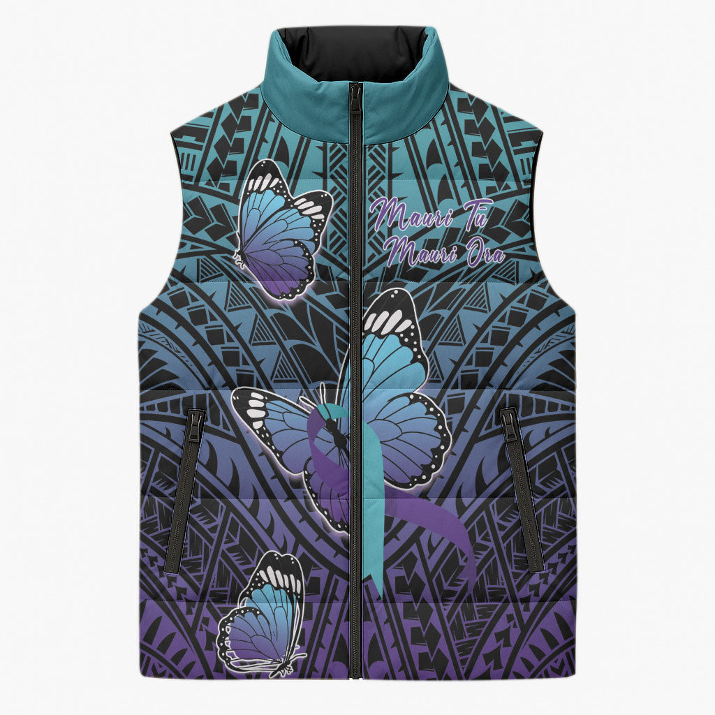 Personalised New Zealand Suicide Prevention Month Sleeveless Puffer Jacket Maori Mauri Tu Mauri Ora Polynesian Pattern