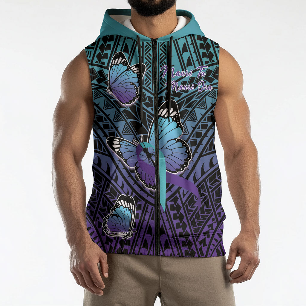 Personalised New Zealand Suicide Prevention Month Sleeveless Zip Hoodie Maori Mauri Tu Mauri Ora Polynesian Pattern