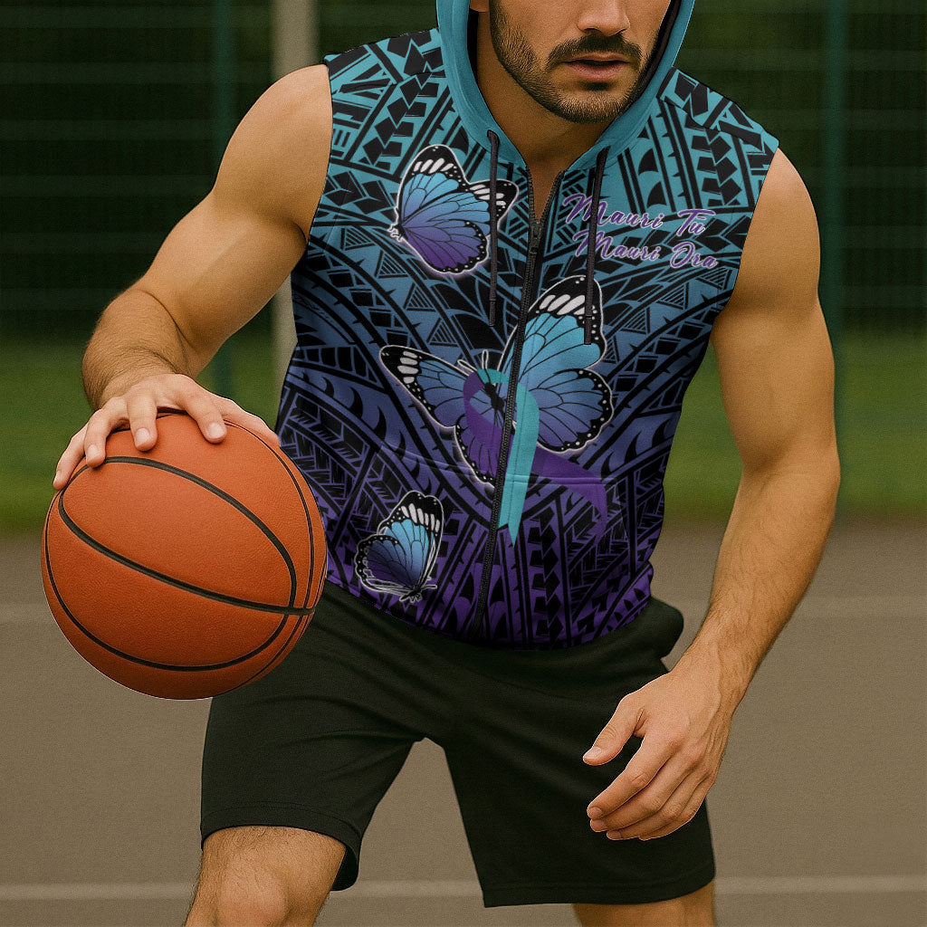 Personalised New Zealand Suicide Prevention Month Sleeveless Zip Hoodie Maori Mauri Tu Mauri Ora Polynesian Pattern