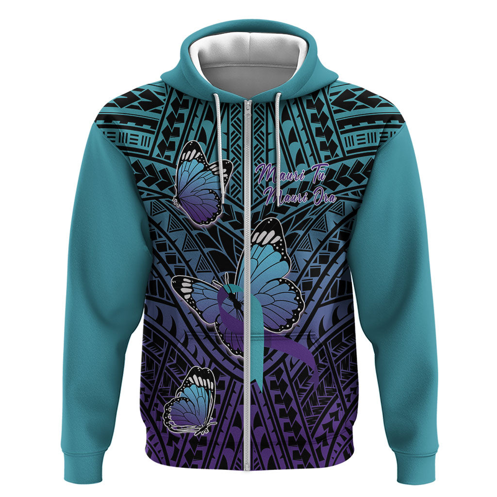 Personalised New Zealand Suicide Prevention Month Zip Hoodie Maori Mauri Tu Mauri Ora Polynesian Pattern
