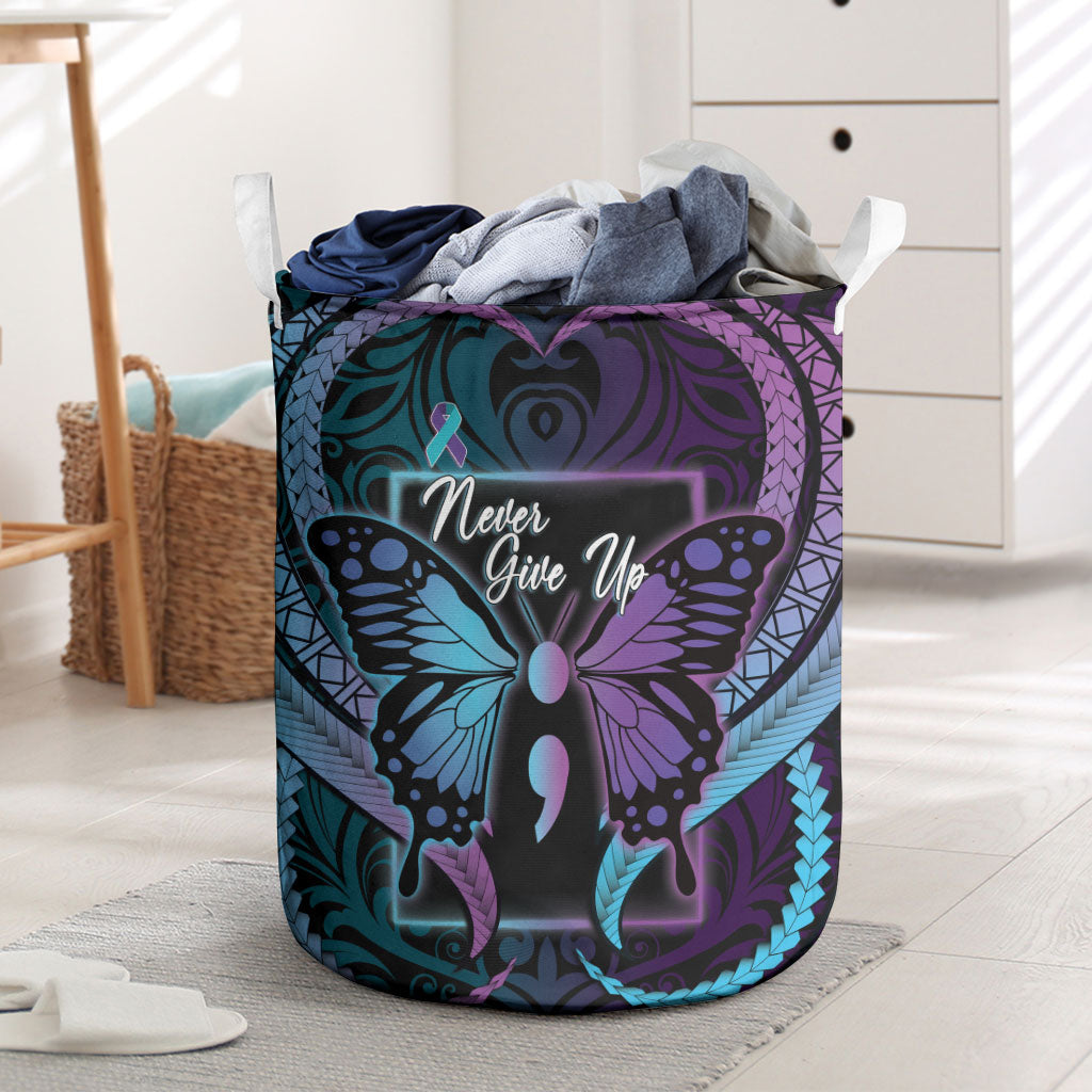 Polynesia Suicide Prevention Month Laundry Basket Semicolon Butterfly Never Give Up Polynesian Pattern LT22 Teal - Polynesian Pride