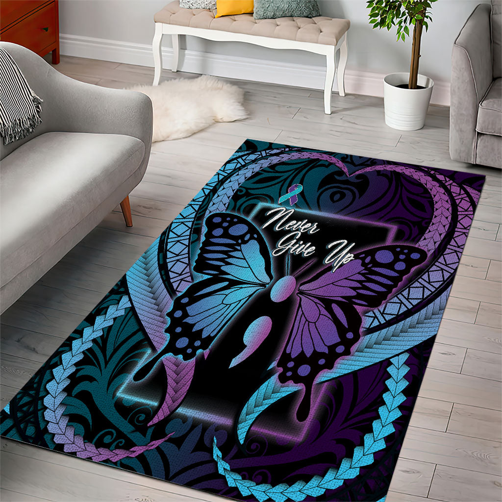 Polynesia Suicide Prevention Month Area Rug Semicolon Butterfly Never Give Up Polynesian Pattern