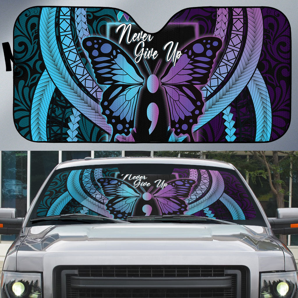 Polynesia Suicide Prevention Month Auto Sun Shade Semicolon Butterfly Never Give Up Polynesian Pattern LT22 Teal - Polynesian Pride