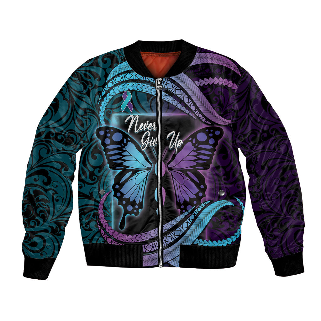 Personalised Polynesia Suicide Prevention Month Bomber Jacket Semicolon Butterfly Never Give Up Polynesian Pattern LT22 Unisex Teal - Polynesian Pride