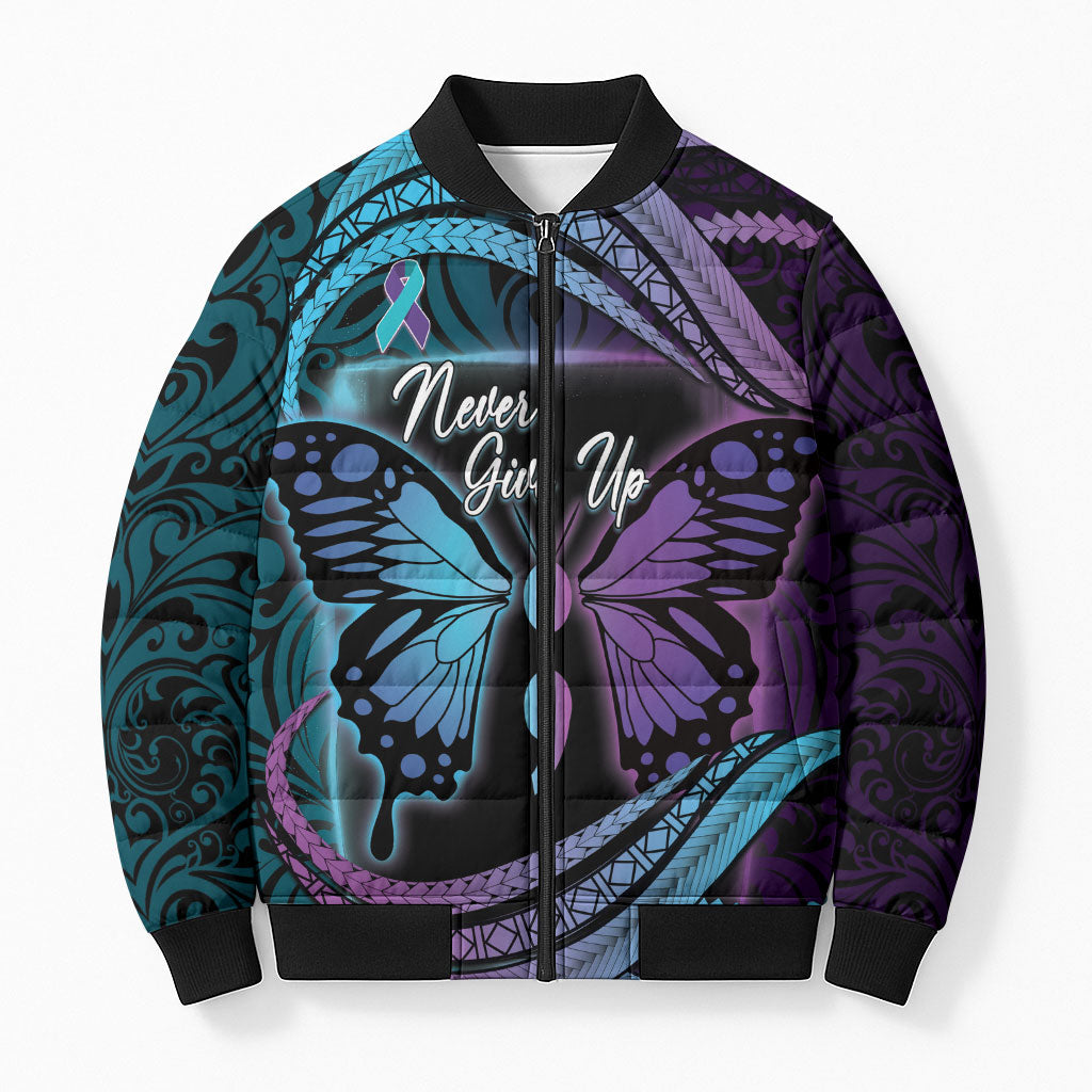 Personalised Polynesia Suicide Prevention Month Bomber Puffer Jacket Semicolon Butterfly Never Give Up Polynesian Pattern LT22 Unisex Teal - Polynesian Pride