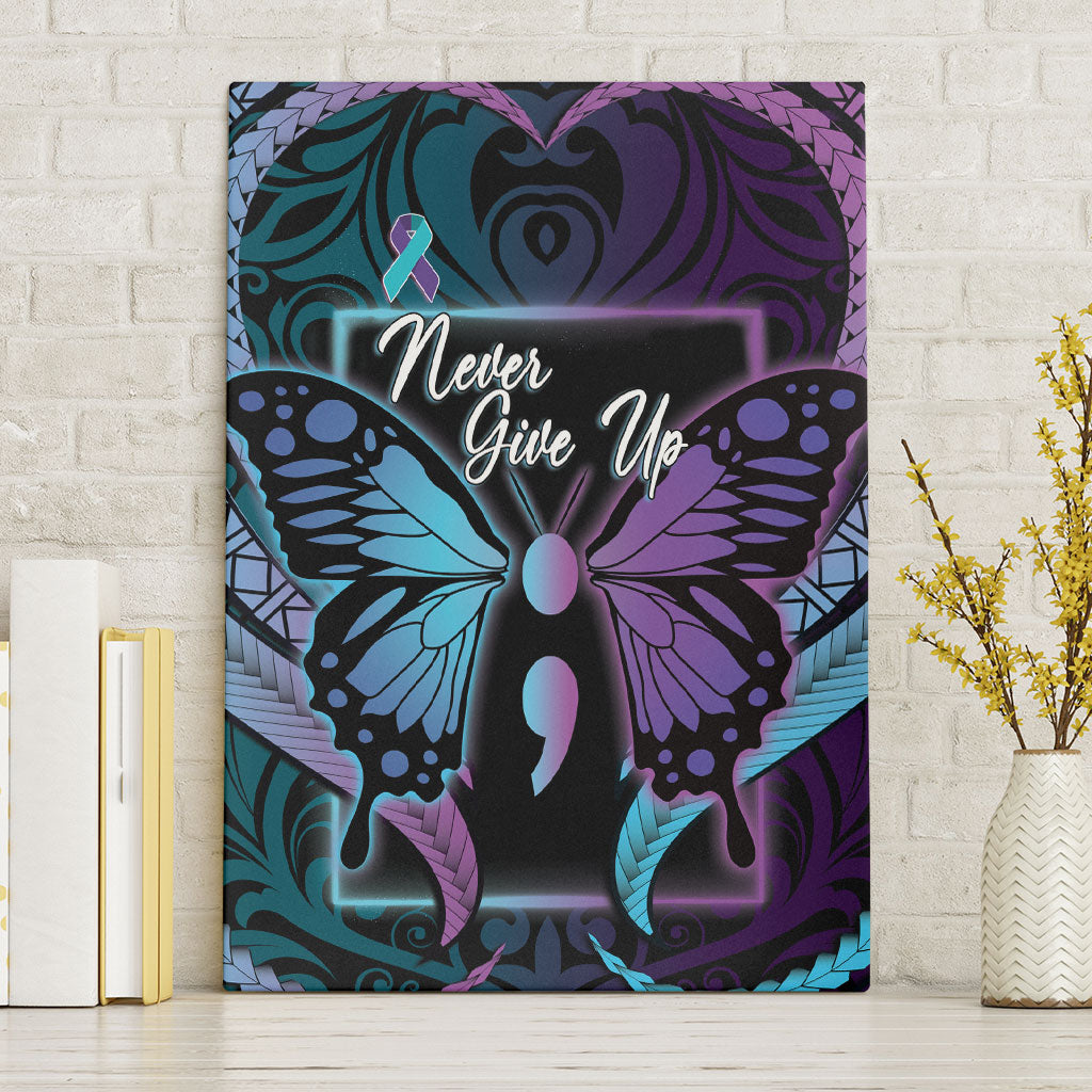 Polynesia Suicide Prevention Month Canvas Wall Art Semicolon Butterfly Never Give Up Polynesian Pattern LT22 Without Frame Teal - Polynesian Pride
