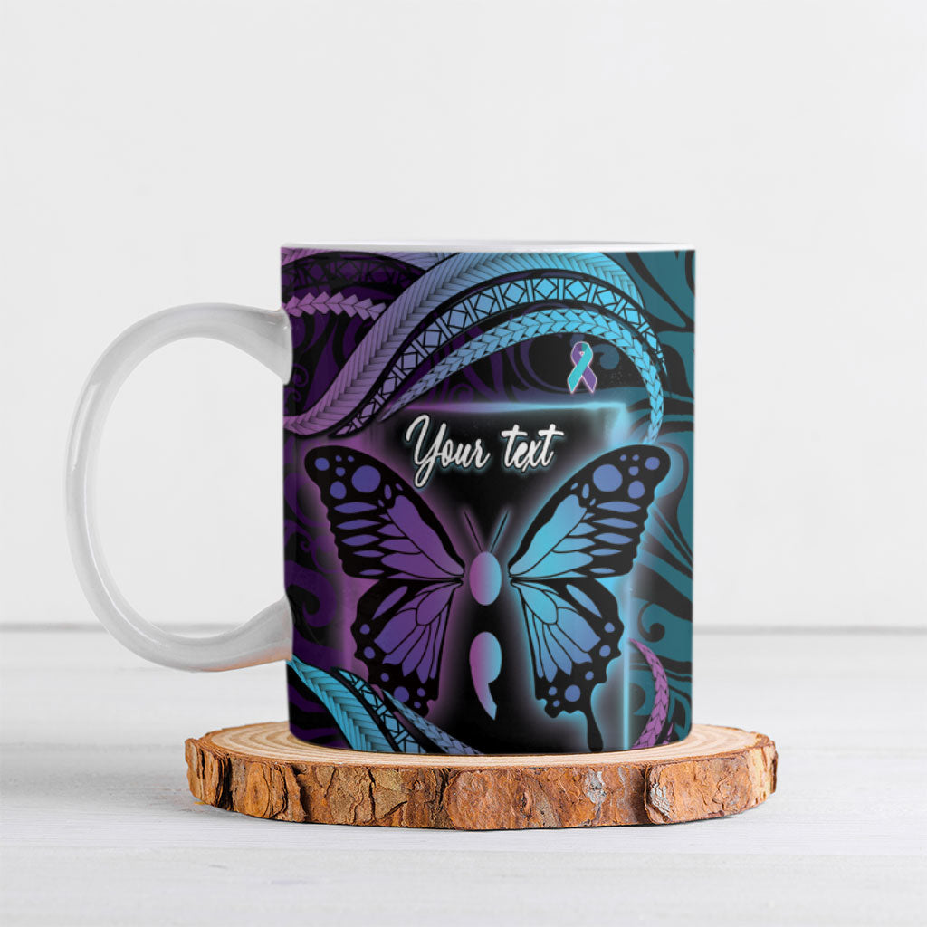 Personalised Polynesia Suicide Prevention Month Ceramic Mug Semicolon Butterfly Never Give Up Polynesian Pattern LT22 Teal - Polynesian Pride