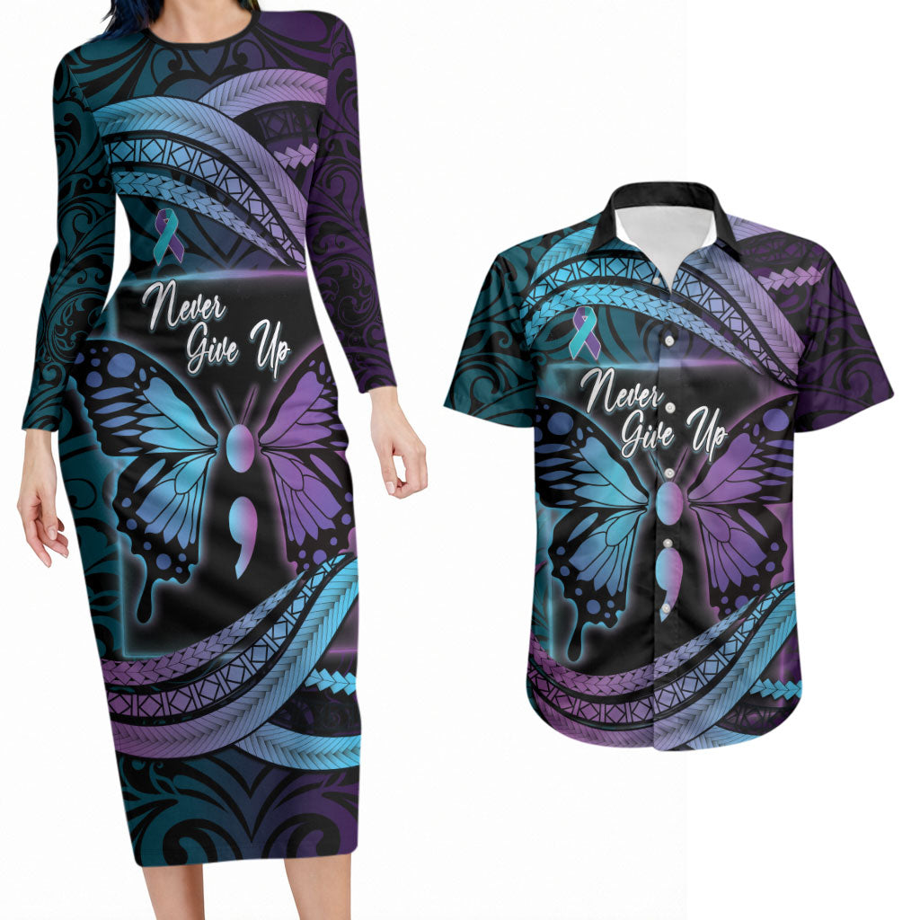 Personalised Polynesia Suicide Prevention Month Couples Matching Long Sleeve Bodycon Dress and Hawaiian Shirt Semicolon Butterfly Never Give Up Polynesian Pattern LT22 Teal - Polynesian Pride