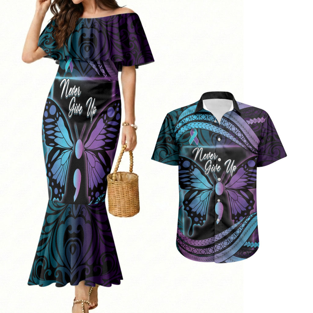 Personalised Polynesia Suicide Prevention Month Couples Matching Mermaid Dress and Hawaiian Shirt Semicolon Butterfly Never Give Up Polynesian Pattern LT22 Teal - Polynesian Pride