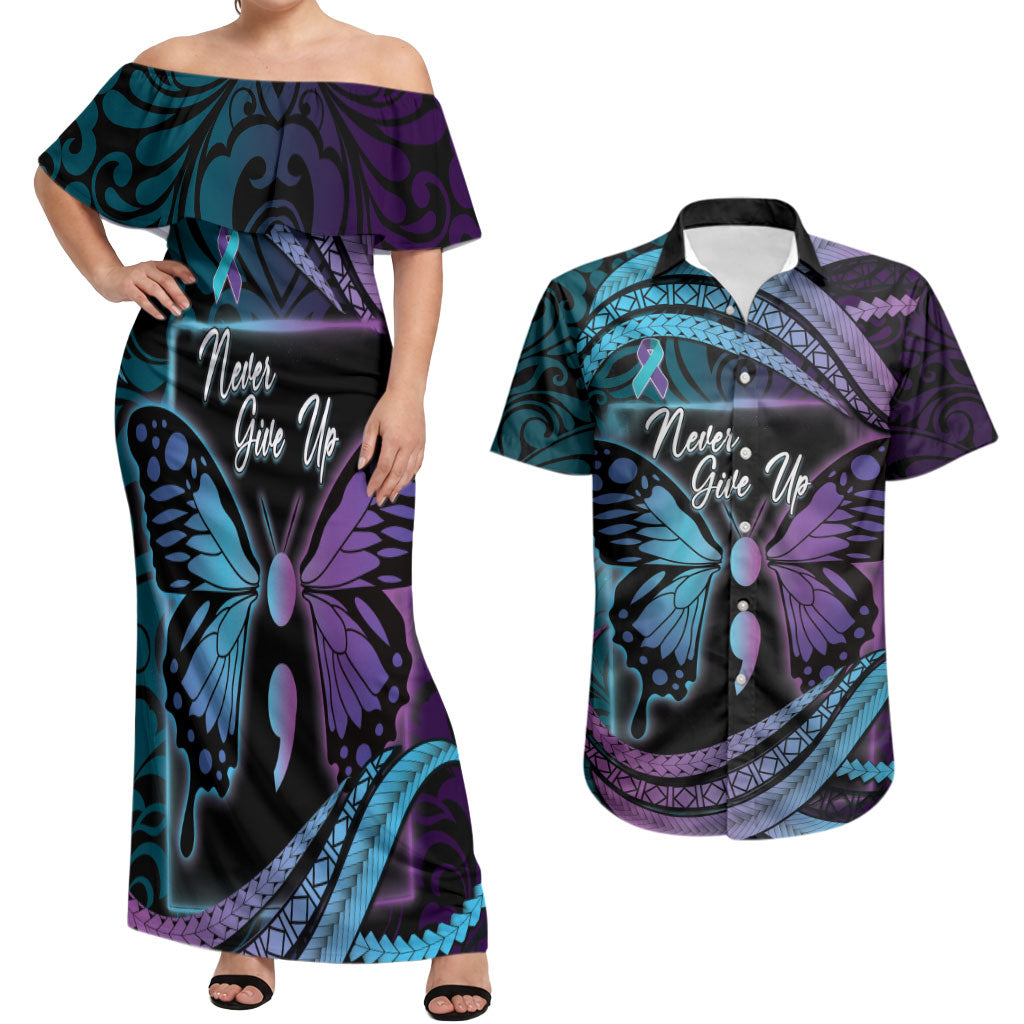 Personalised Polynesia Suicide Prevention Month Couples Matching Off Shoulder Maxi Dress and Hawaiian Shirt Semicolon Butterfly Never Give Up Polynesian Pattern LT22 Teal - Polynesian Pride