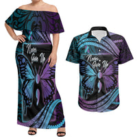 Personalised Polynesia Suicide Prevention Month Couples Matching Off Shoulder Maxi Dress and Hawaiian Shirt Semicolon Butterfly Never Give Up Polynesian Pattern LT22 Teal - Polynesian Pride