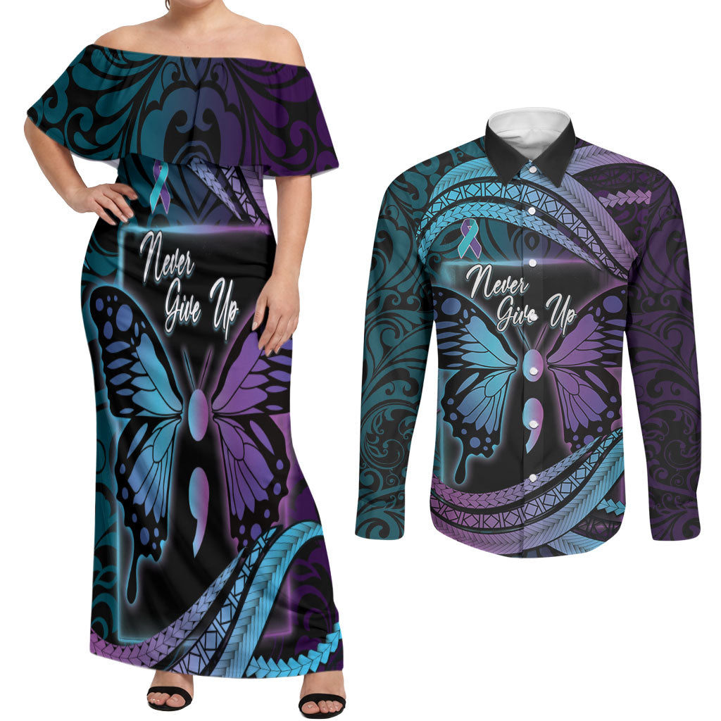 Personalised Polynesia Suicide Prevention Month Couples Matching Off Shoulder Maxi Dress and Long Sleeve Button Shirt Semicolon Butterfly Never Give Up Polynesian Pattern LT22 Teal - Polynesian Pride