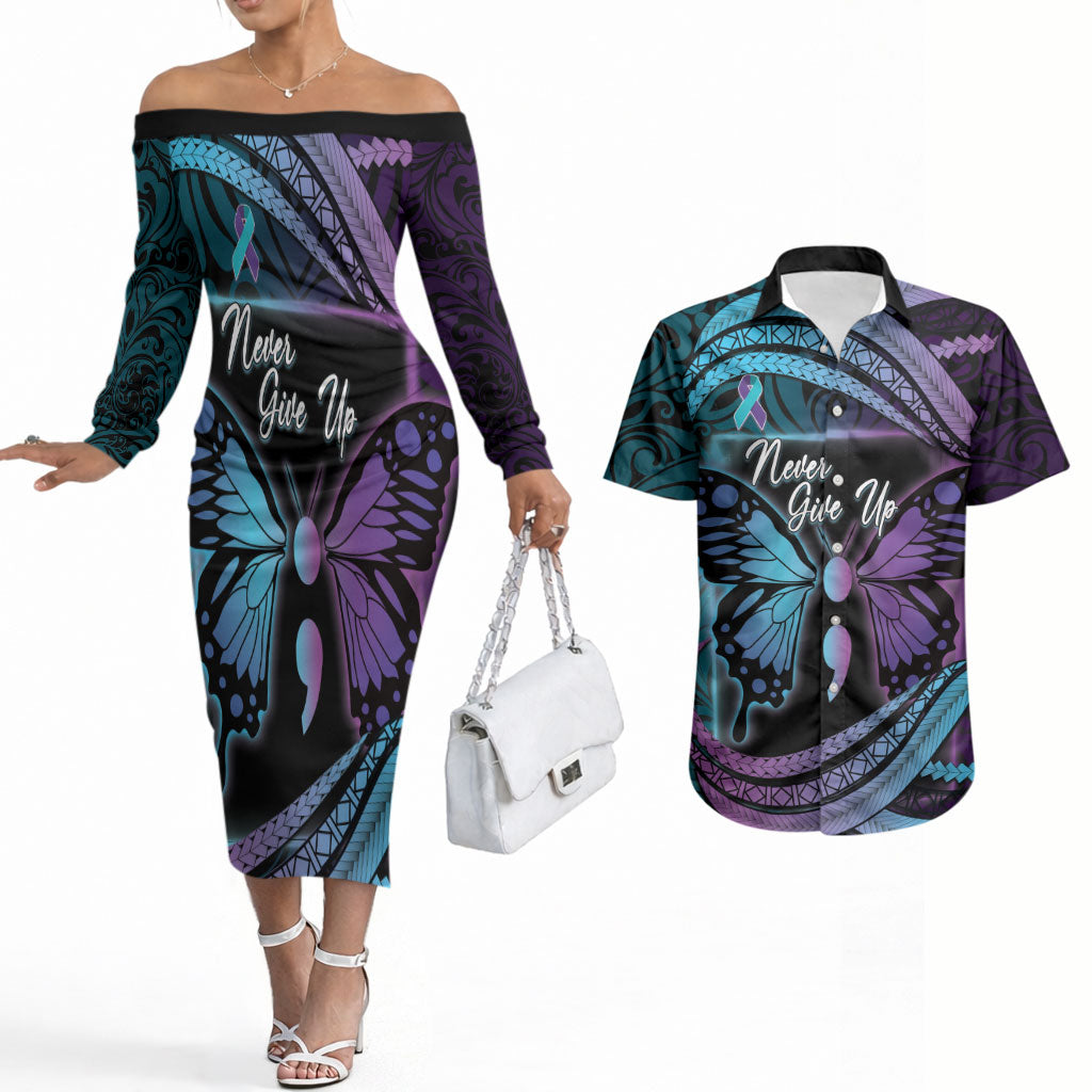 Personalised Polynesia Suicide Prevention Month Couples Matching Off The Shoulder Long Sleeve Dress and Hawaiian Shirt Semicolon Butterfly Never Give Up Polynesian Pattern LT22 Teal - Polynesian Pride