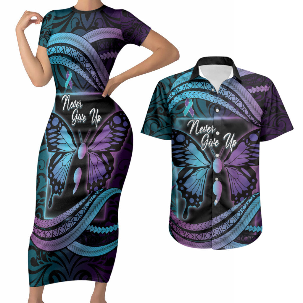 Personalised Polynesia Suicide Prevention Month Couples Matching Short Sleeve Bodycon Dress and Hawaiian Shirt Semicolon Butterfly Never Give Up Polynesian Pattern LT22 Teal - Polynesian Pride