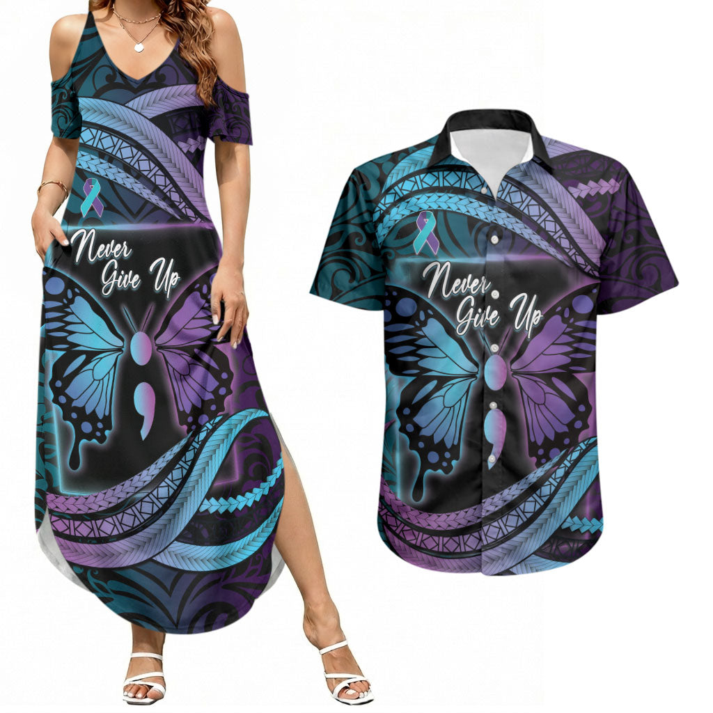 Personalised Polynesia Suicide Prevention Month Couples Matching Summer Maxi Dress and Hawaiian Shirt Semicolon Butterfly Never Give Up Polynesian Pattern LT22 Teal - Polynesian Pride