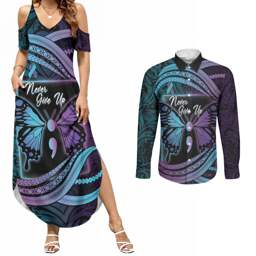 Personalised Polynesia Suicide Prevention Month Couples Matching Summer Maxi Dress and Long Sleeve Button Shirt Semicolon Butterfly Never Give Up Polynesian Pattern LT22 Teal - Polynesian Pride